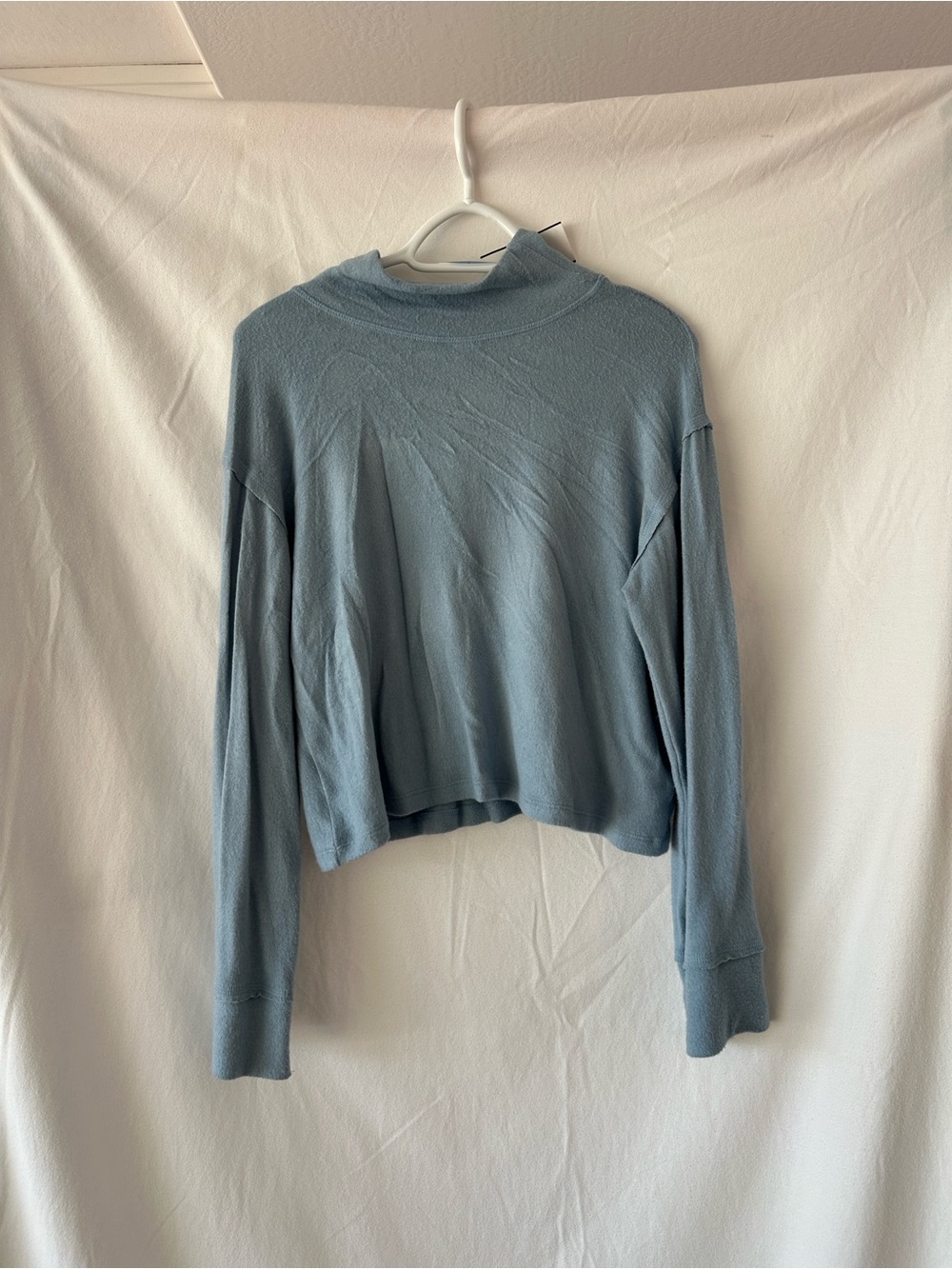 New Cropped Long-Sleeve Mock Neck Top in Dusty Blue super soft